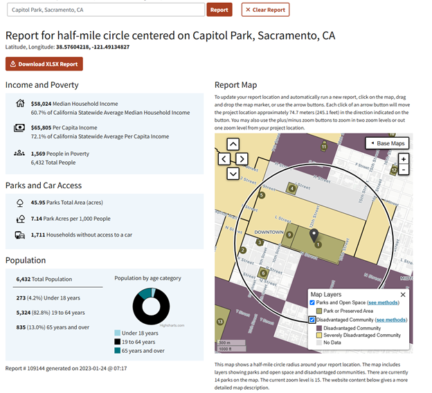 	 	Screenshot of Statewide Parks Program Community FactFinder tool showing a the area around a selected address on the right and the correlating data on the left. 